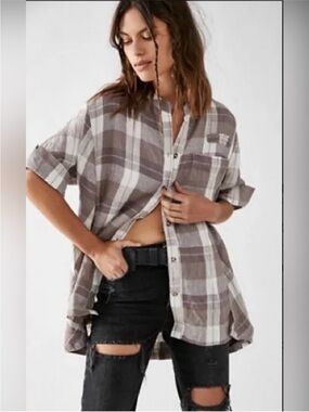 Free People We The Free Summer Serenade Plaid Linen Button Down Top